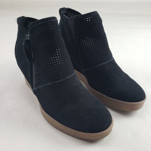 Sofft Bellview Wedge Ankle Boot Womens 11 Black Suede Side Zip Perforated Bootie - Picture 2 of 11
